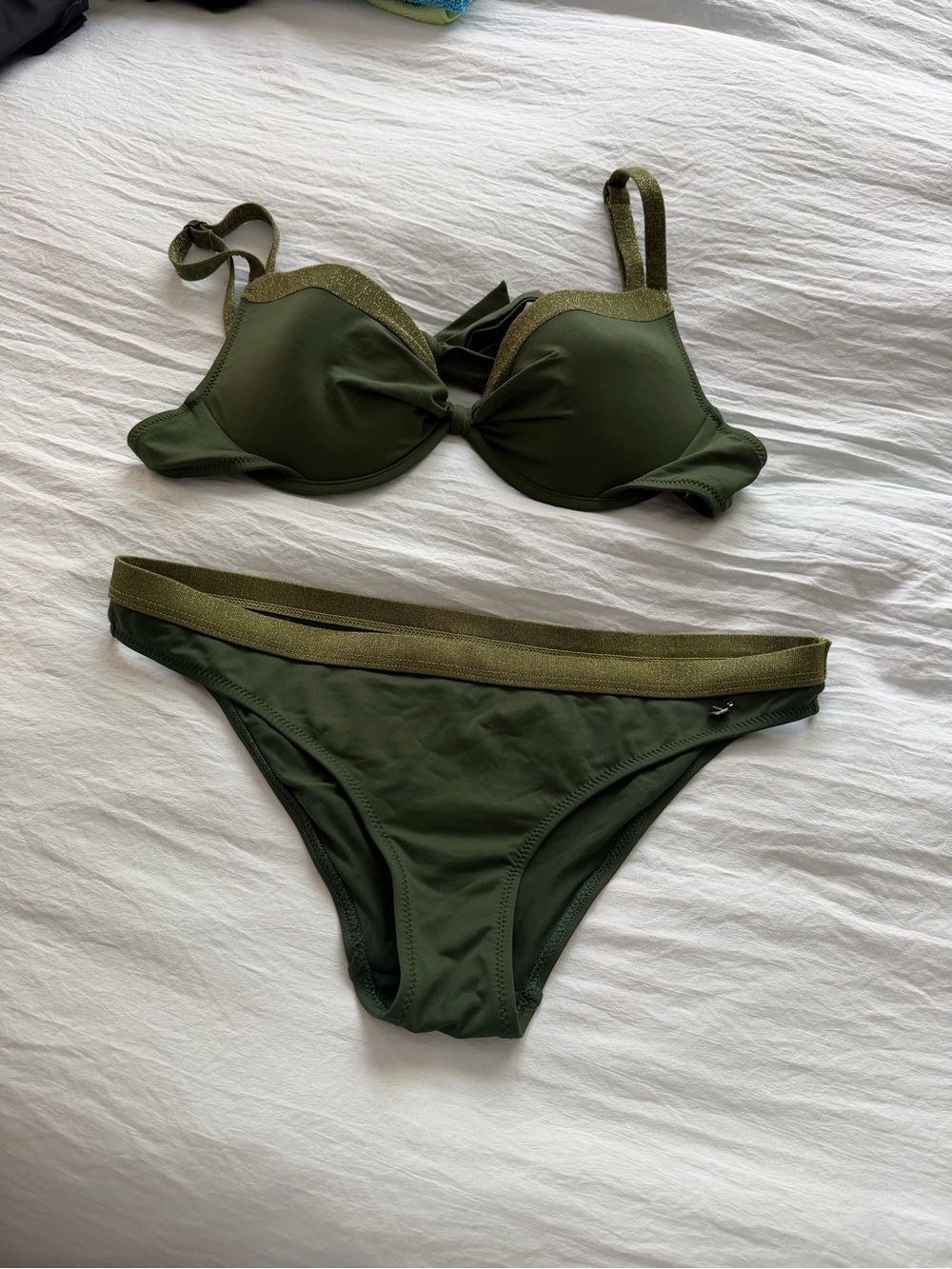 Olive Green Women’s Bikini Set with Metallic Trim S / 34c